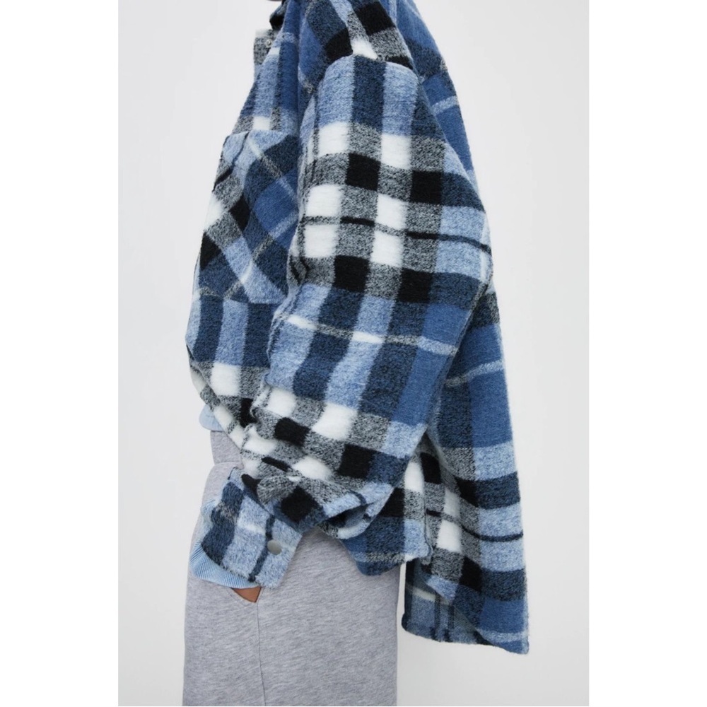 ZARA Blue Plaid Wool Blend Shacket Oversized Snap Button Jacket S - Picture 14 of 16